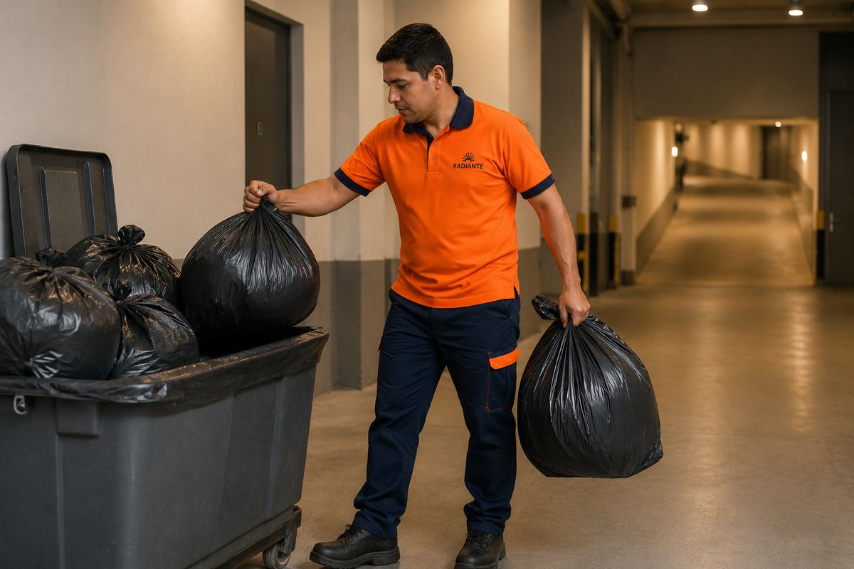 Personal de Radiante retirando bolsas de residuos de un edificio