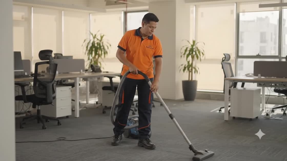 Personal de Radiante aspirando una alfombra en una oficina corporativa