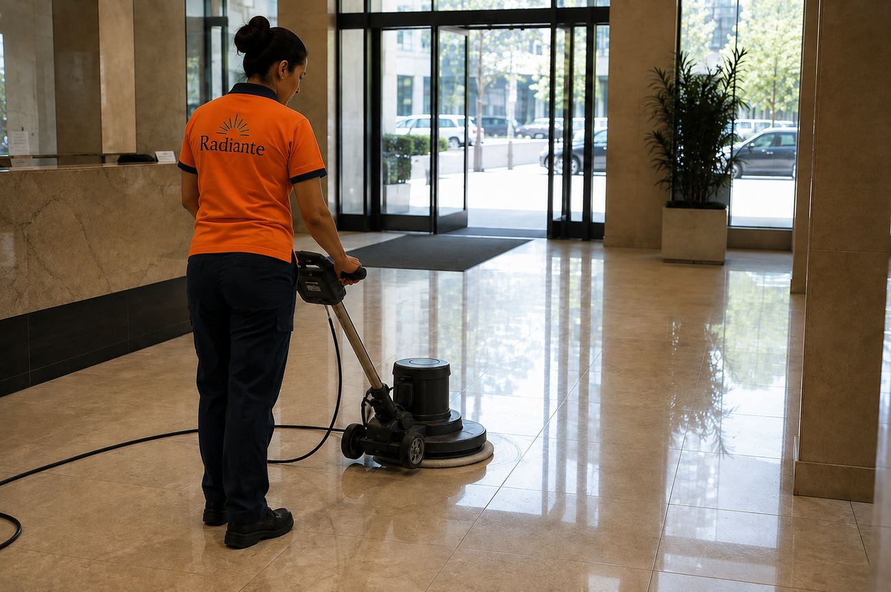 Personal de Radiante puliendo el piso del hall de entrada de un edificio